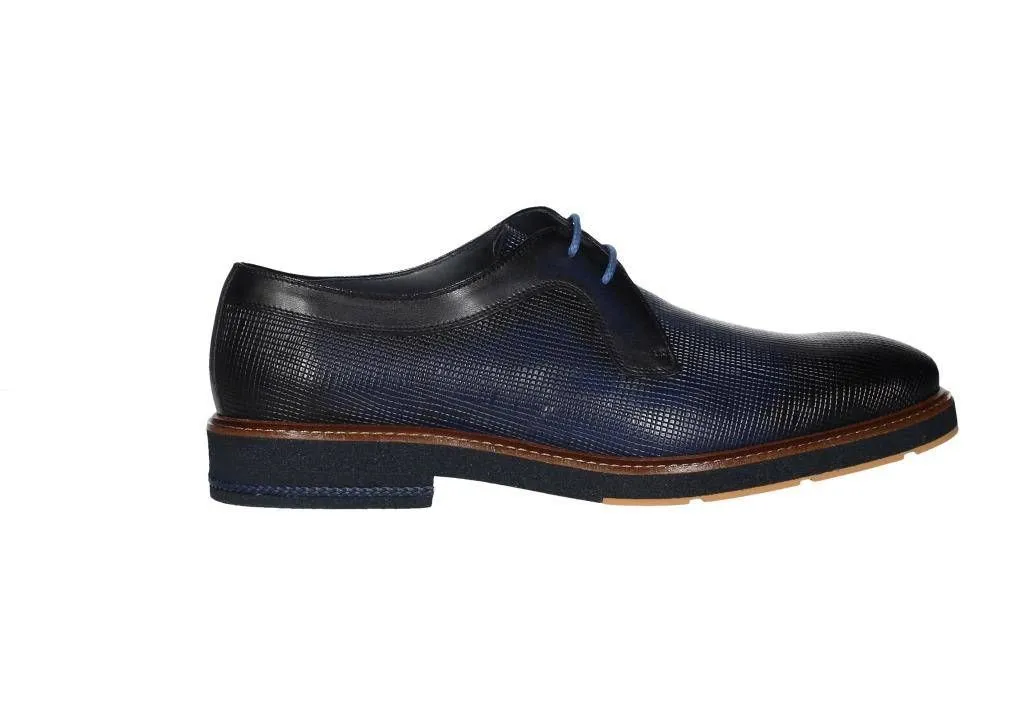 Blucher Piel Azul Grabado Cerco Pespunte Tacon Trenza Piel