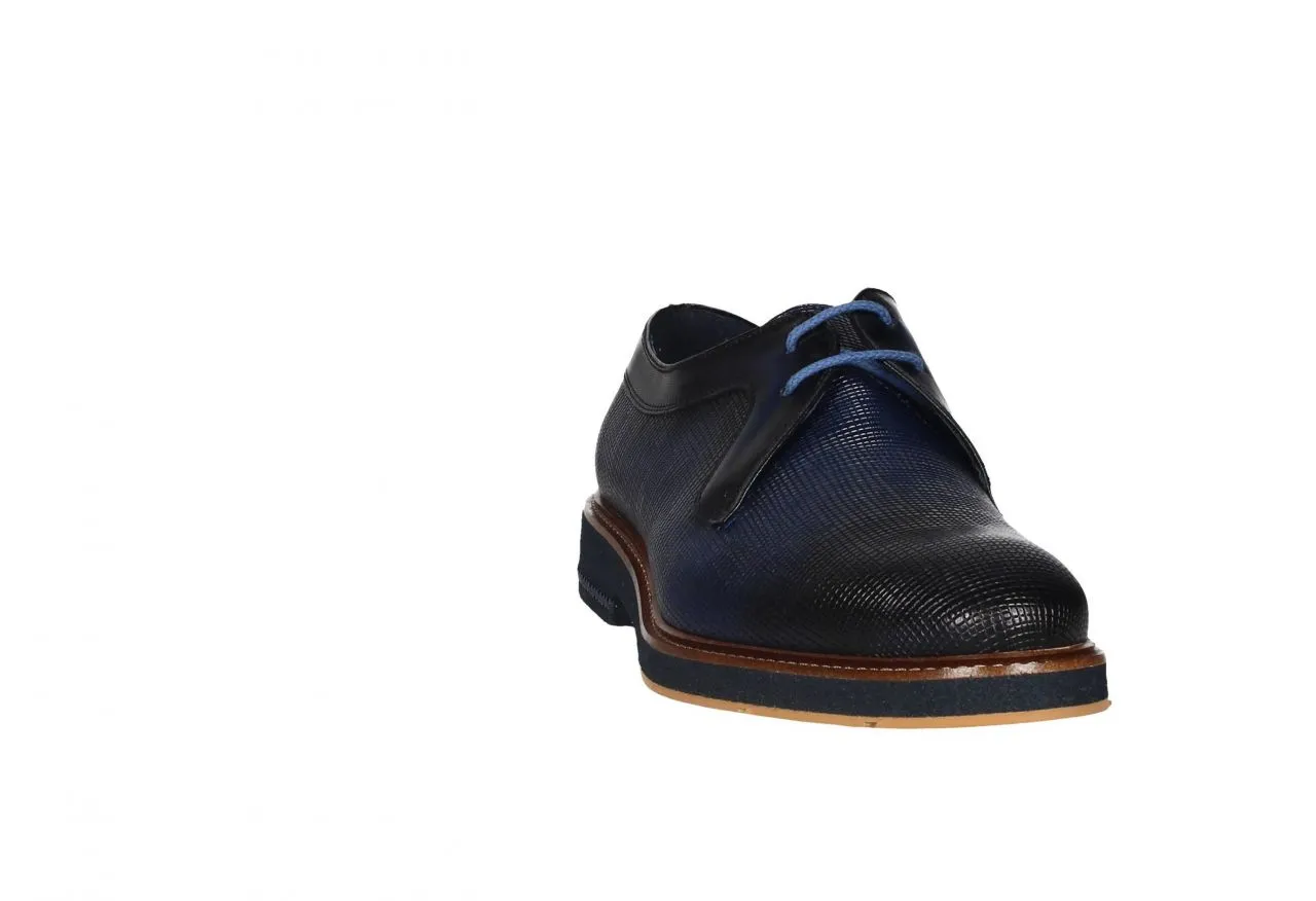 Blucher Piel Azul Grabado Cerco Pespunte Tacon Trenza Piel