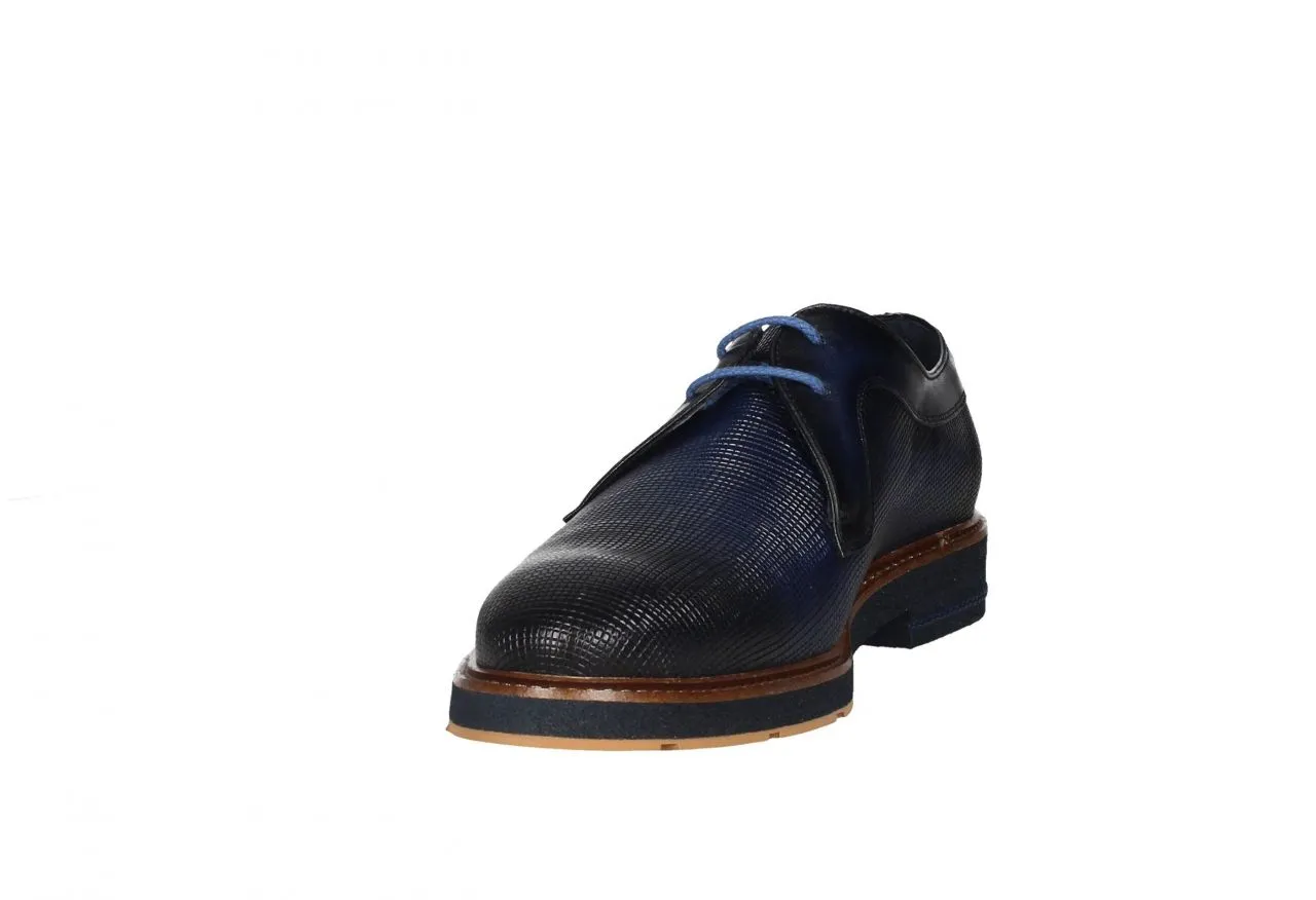 Blucher Piel Azul Grabado Cerco Pespunte Tacon Trenza Piel