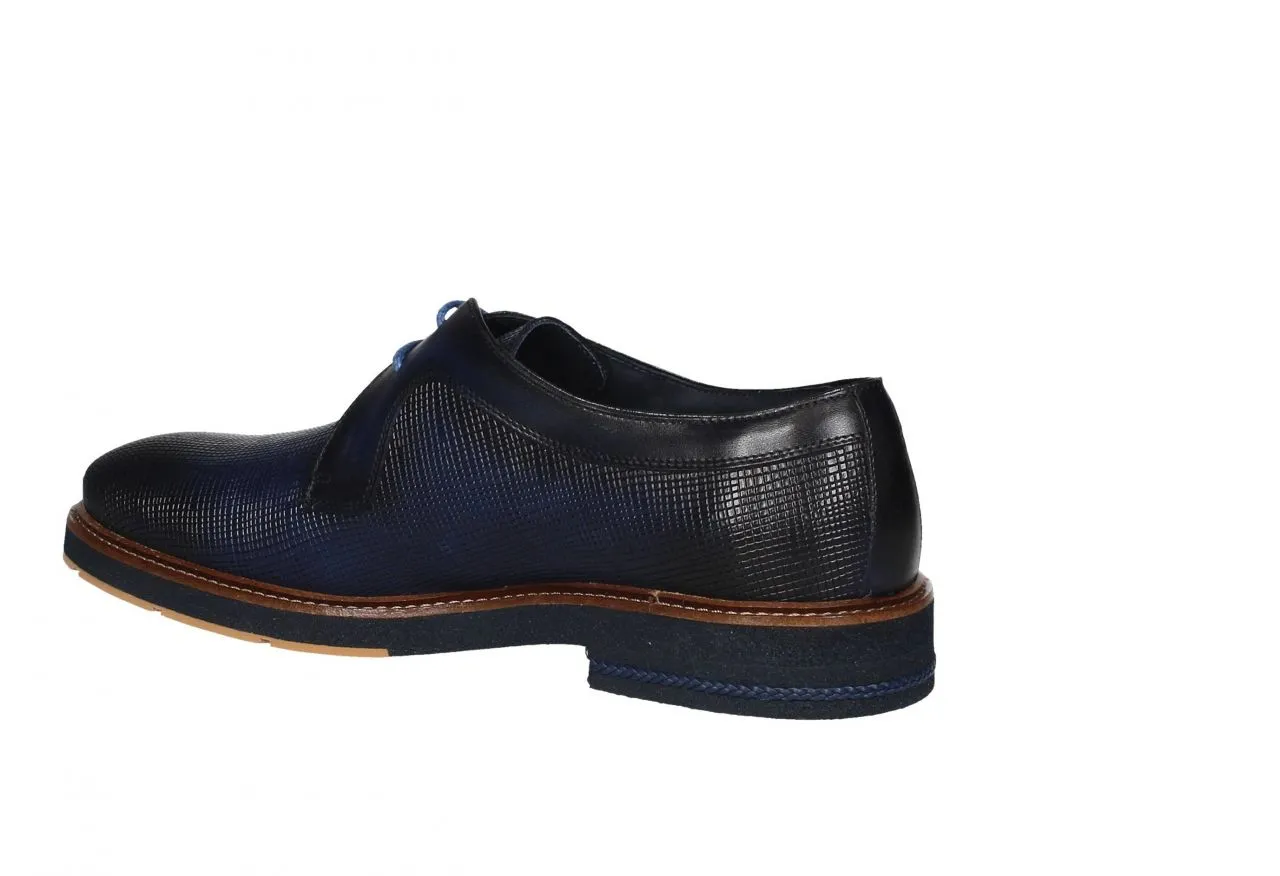 Blucher Piel Azul Grabado Cerco Pespunte Tacon Trenza Piel