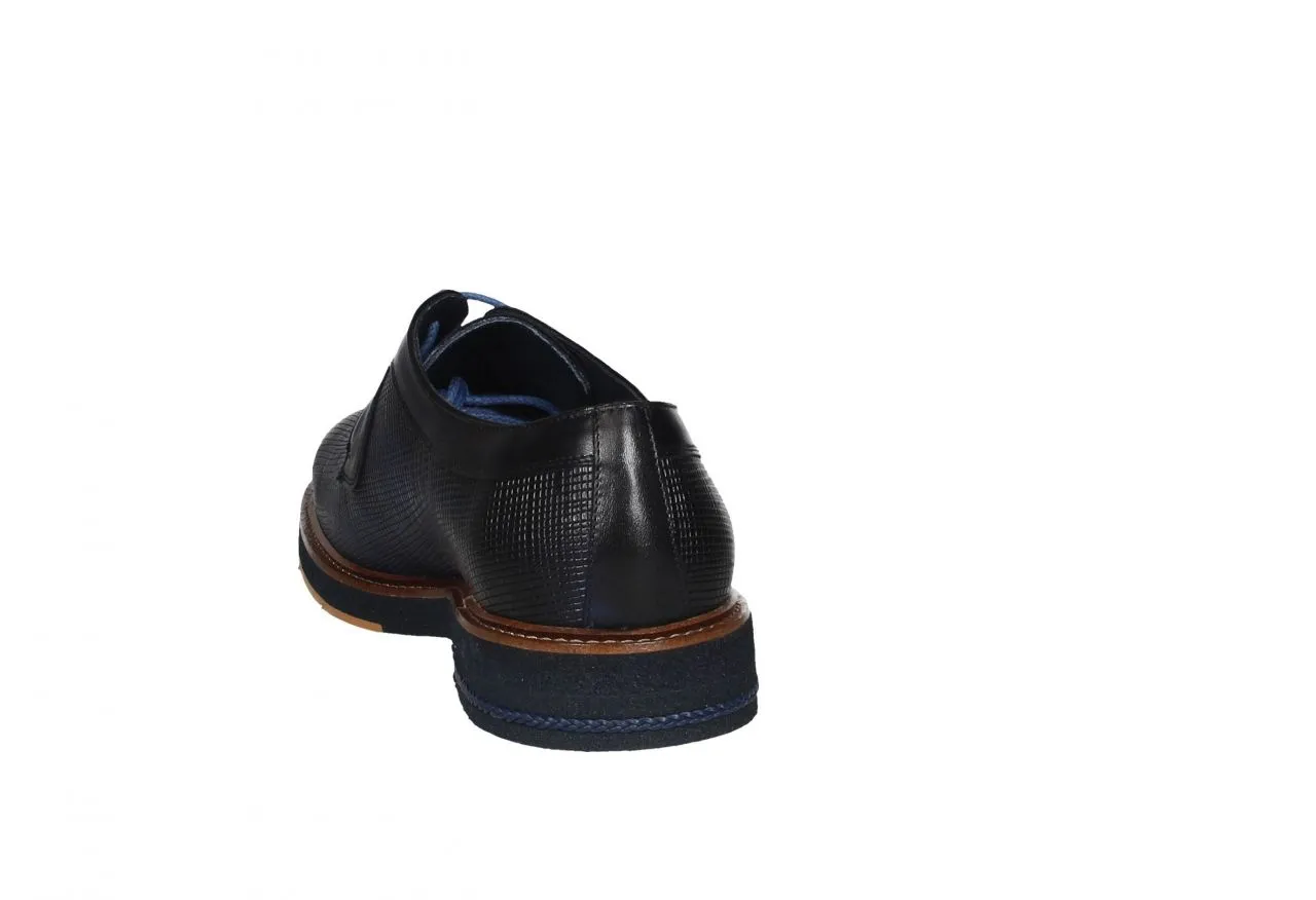Blucher Piel Azul Grabado Cerco Pespunte Tacon Trenza Piel