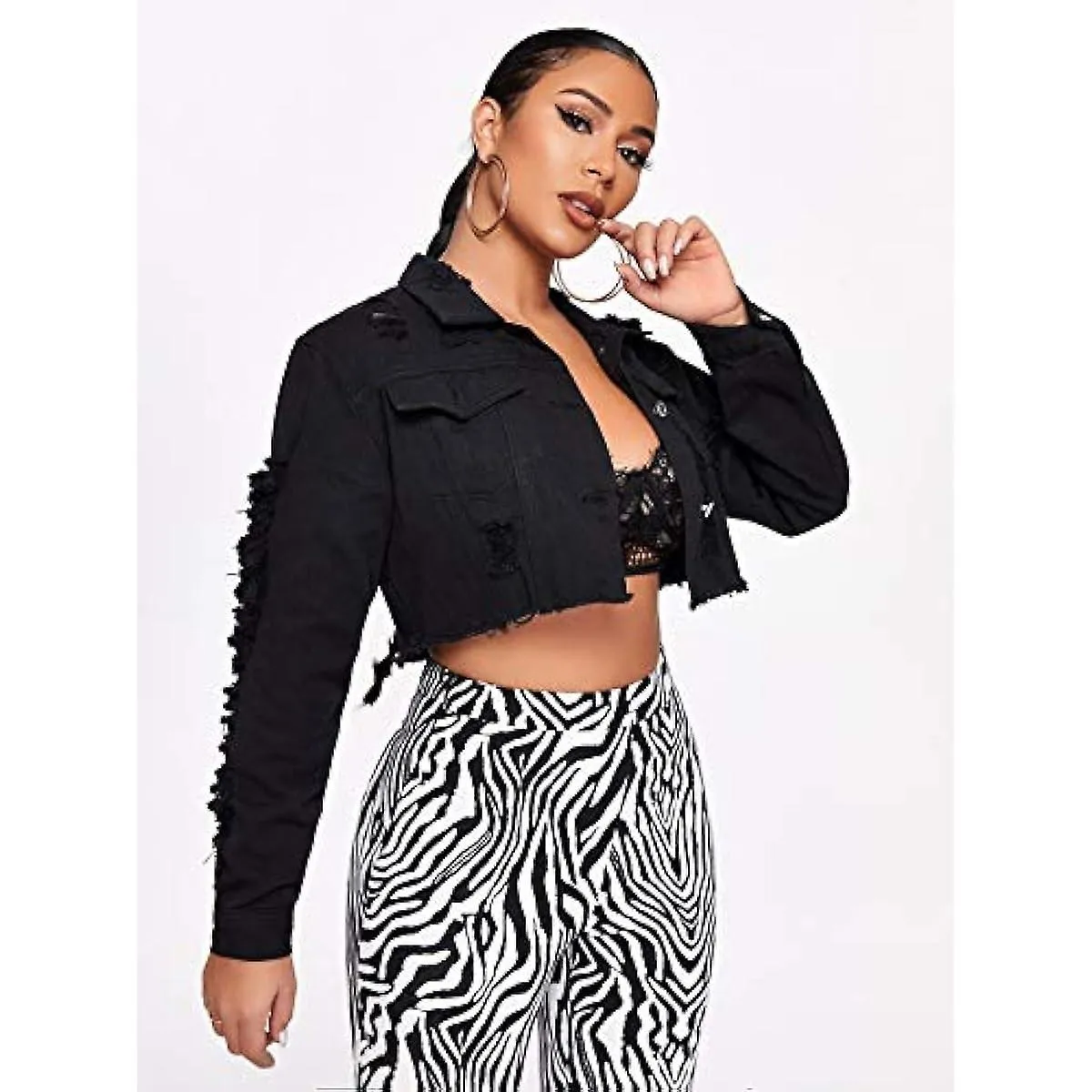 Button Front Ripped Crop Denim Jacket Coat