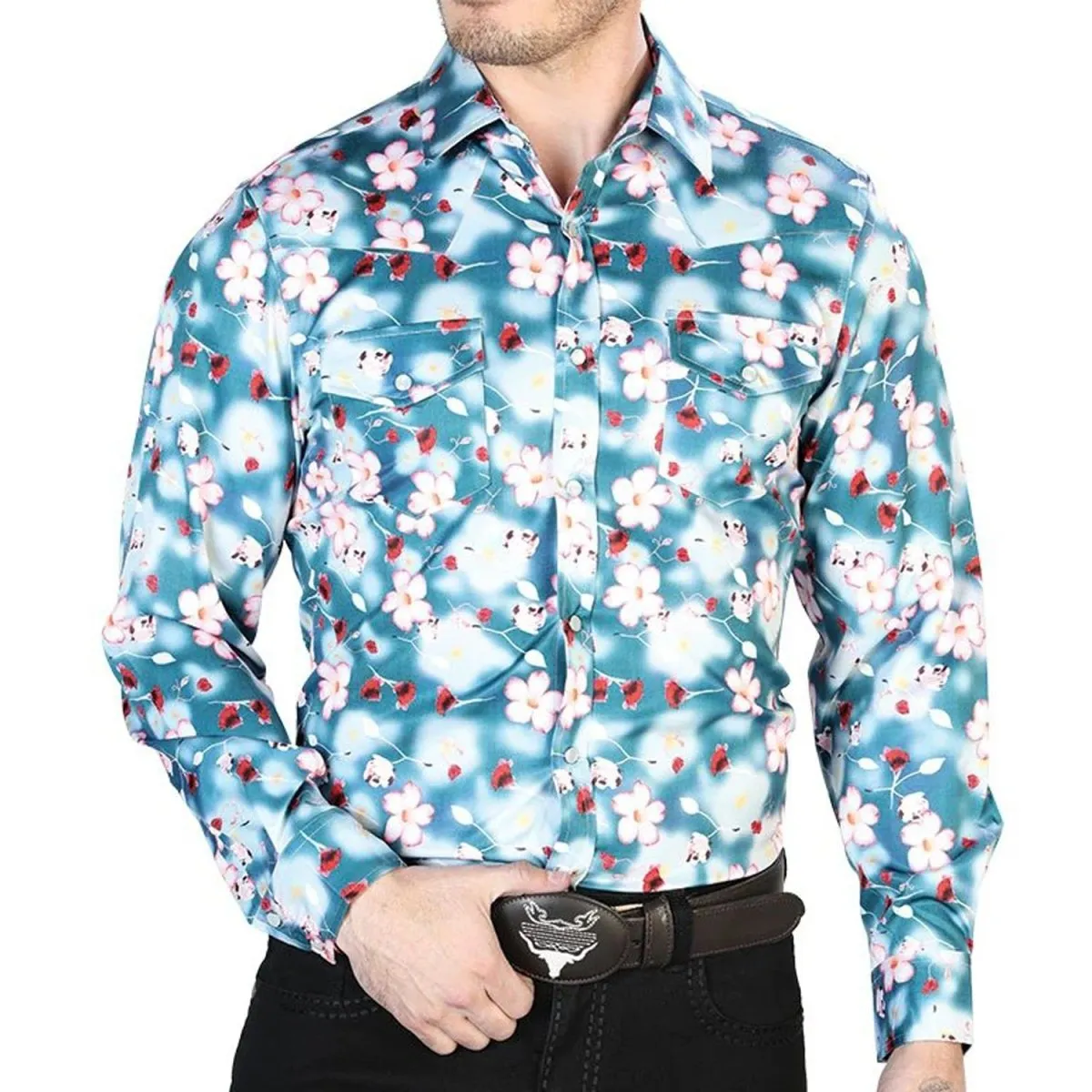 CAMISA VAQUERA DE MODA EL SEOR DE LOS CIELOS AQUA CON FLORES GEN43943