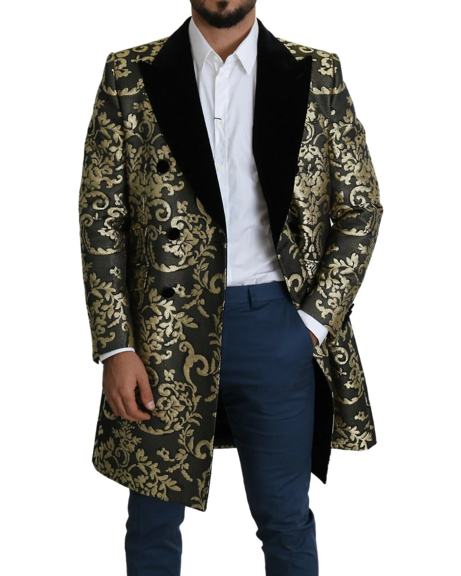 Dolce & Gabbana Gold Jacquard Long Coat