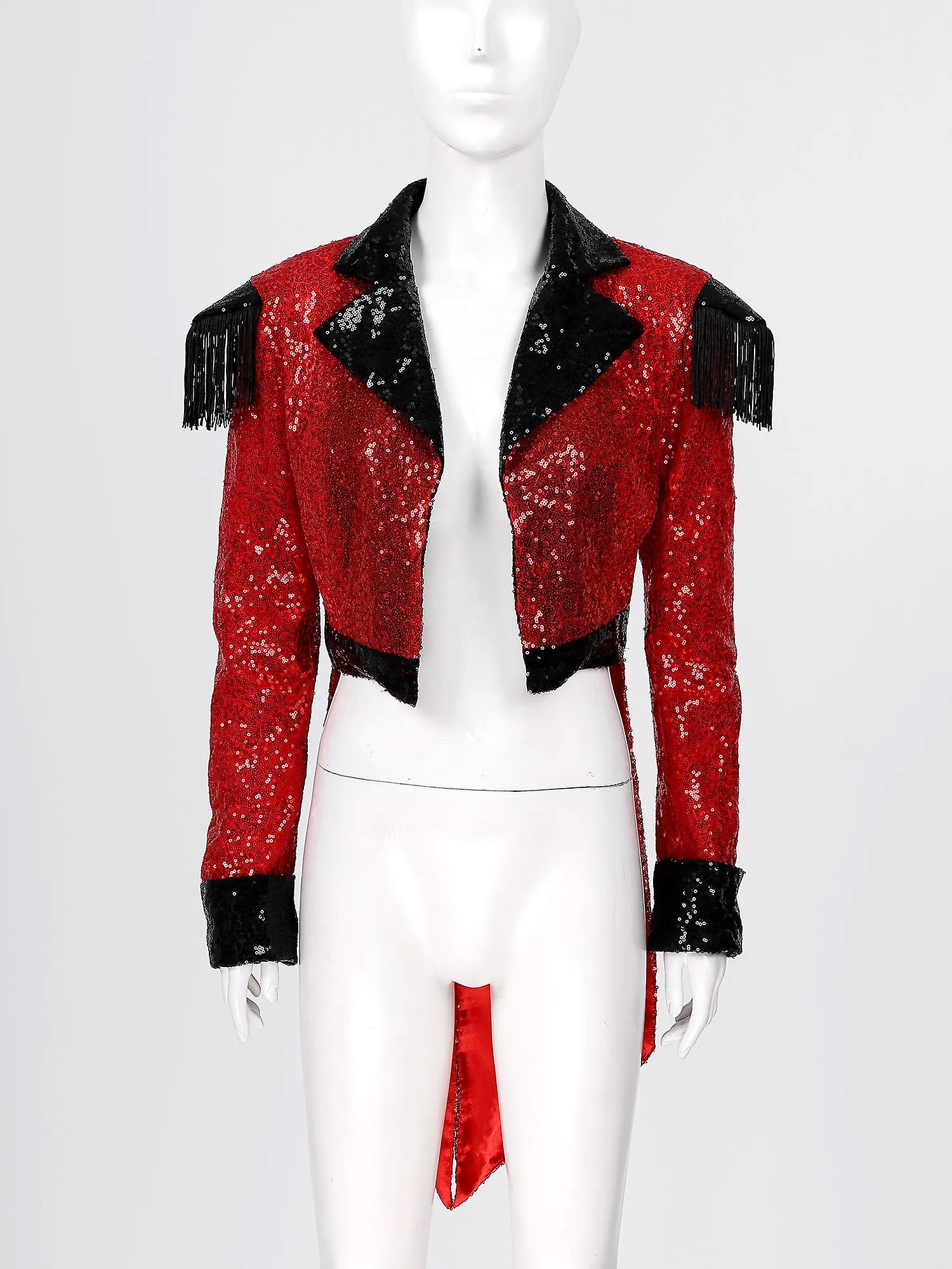 HALLOWEEN MUJERES SPARKLING SEQUIN CIRCUS TUXEDO RED RINGMASTER JACKET FRINGED EPAULETTE SWALLOWTAILED COAT CIRCUS SHOW DISFRAC