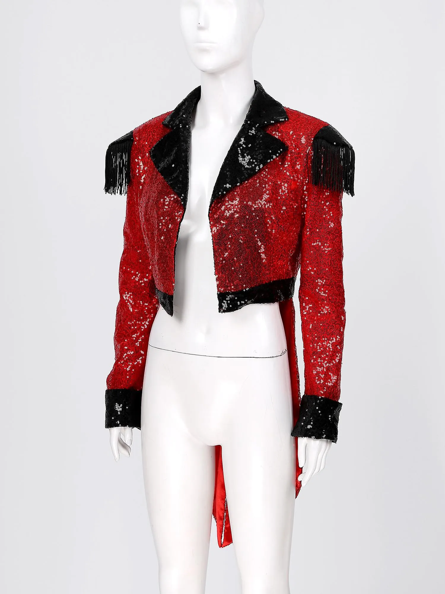 HALLOWEEN MUJERES SPARKLING SEQUIN CIRCUS TUXEDO RED RINGMASTER JACKET FRINGED EPAULETTE SWALLOWTAILED COAT CIRCUS SHOW DISFRAC