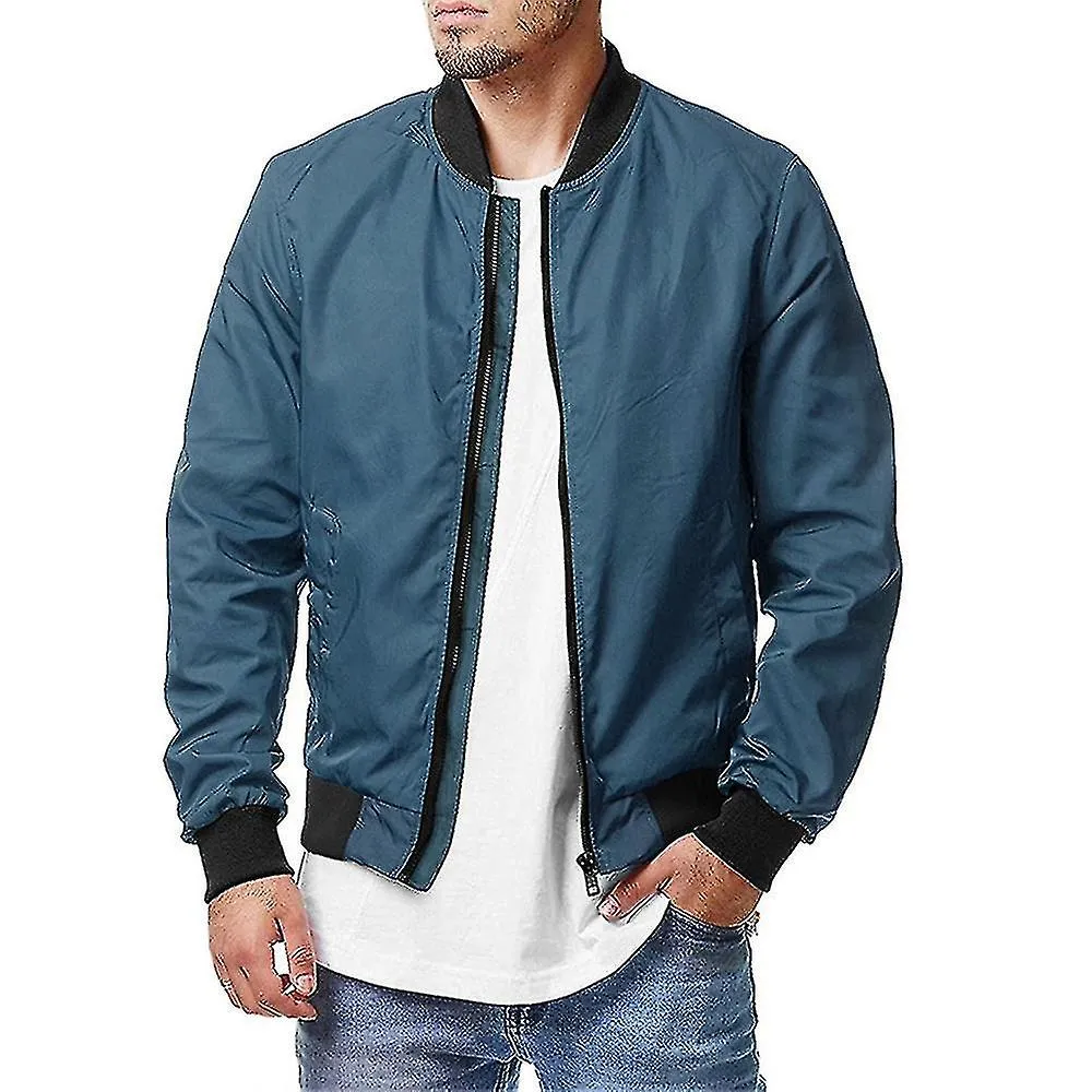 MEN CLASSIC BOMBER JACKET LONG SLEEVE CASUAL ZIP UP COAT OUTWEAR TOPSLPEACOCK BLUE