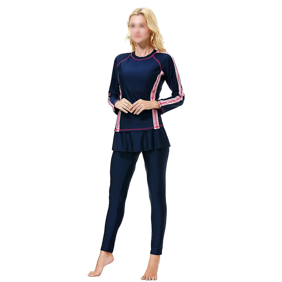 Muslim Women Swimsuit Traditional Modest Swimwear Middle East Swimming Beachwear Swim Coat Pants Kit for Women Ladies (Navy, S)