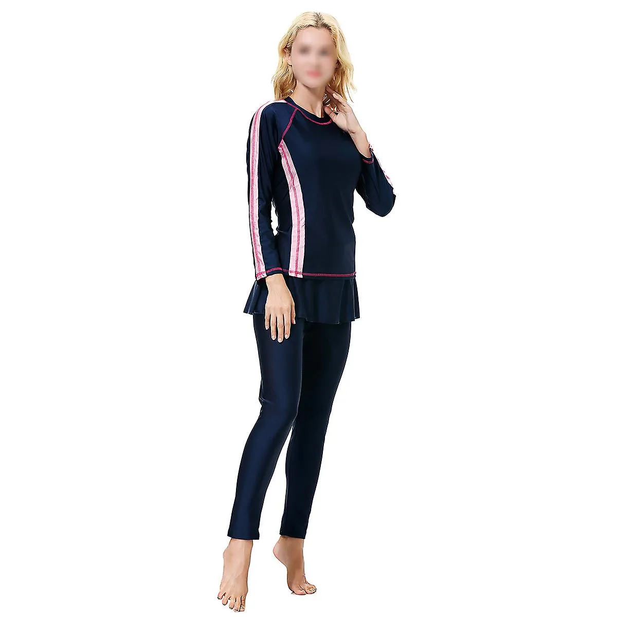 Muslim Women Swimsuit Traditional Modest Swimwear Middle East Swimming Beachwear Swim Coat Pants Kit for Women Ladies (Navy, S)