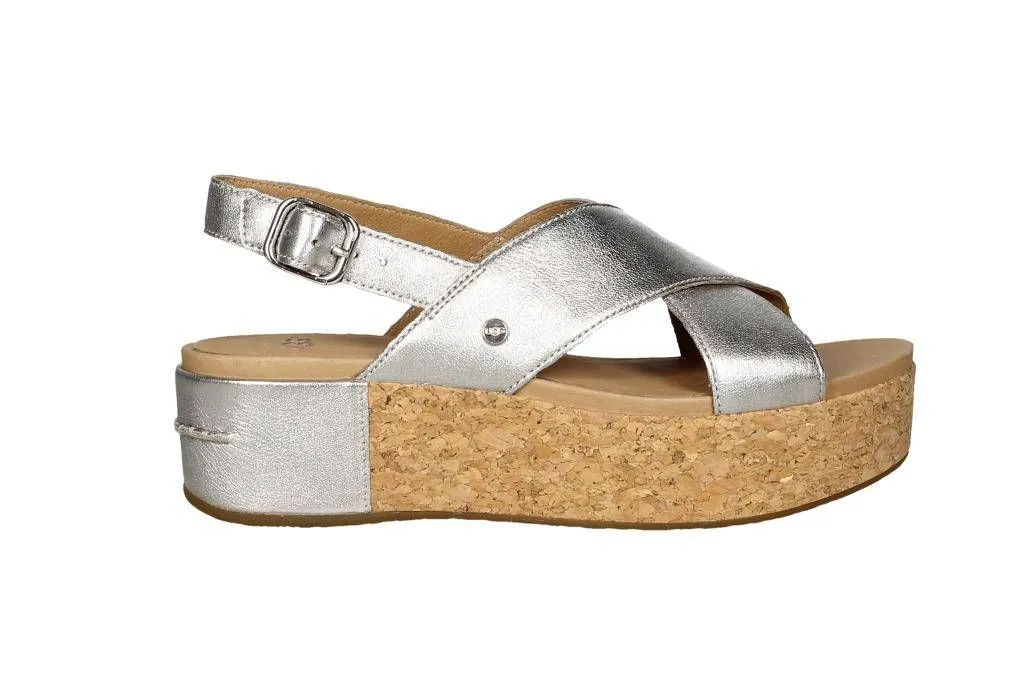 Sandalia Cruzada Piel Plata CuÑa Corcho Talon Piel