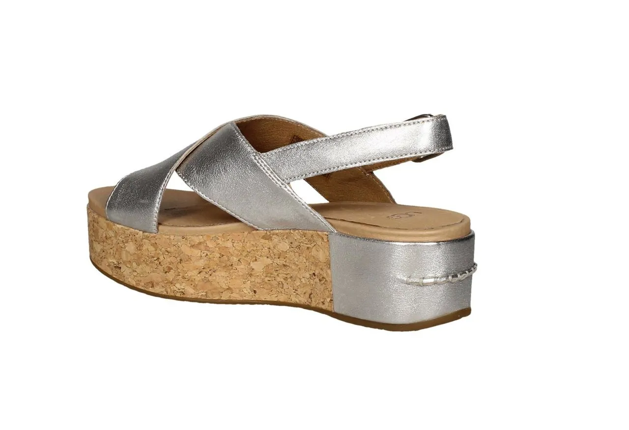 Sandalia Cruzada Piel Plata CuÑa Corcho Talon Piel