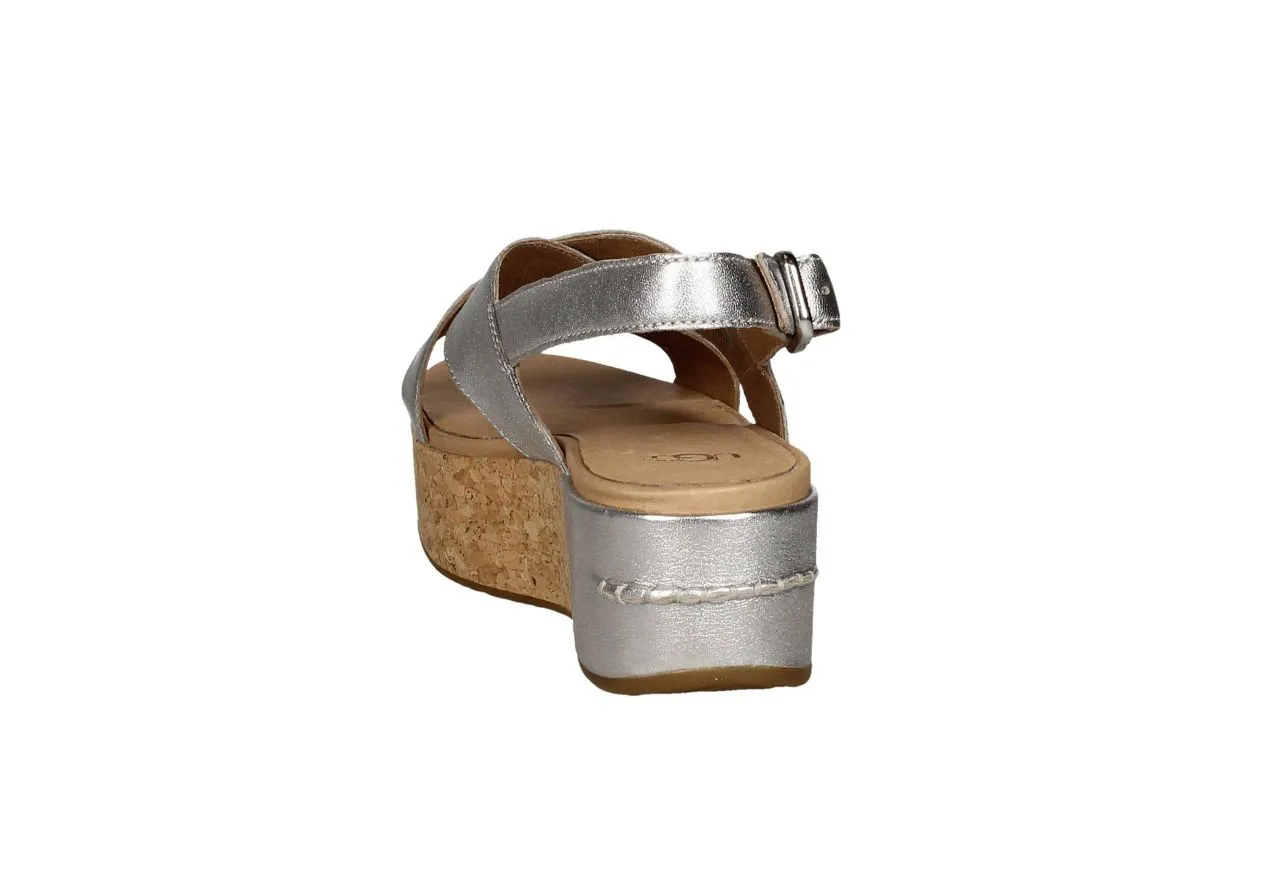 Sandalia Cruzada Piel Plata CuÑa Corcho Talon Piel